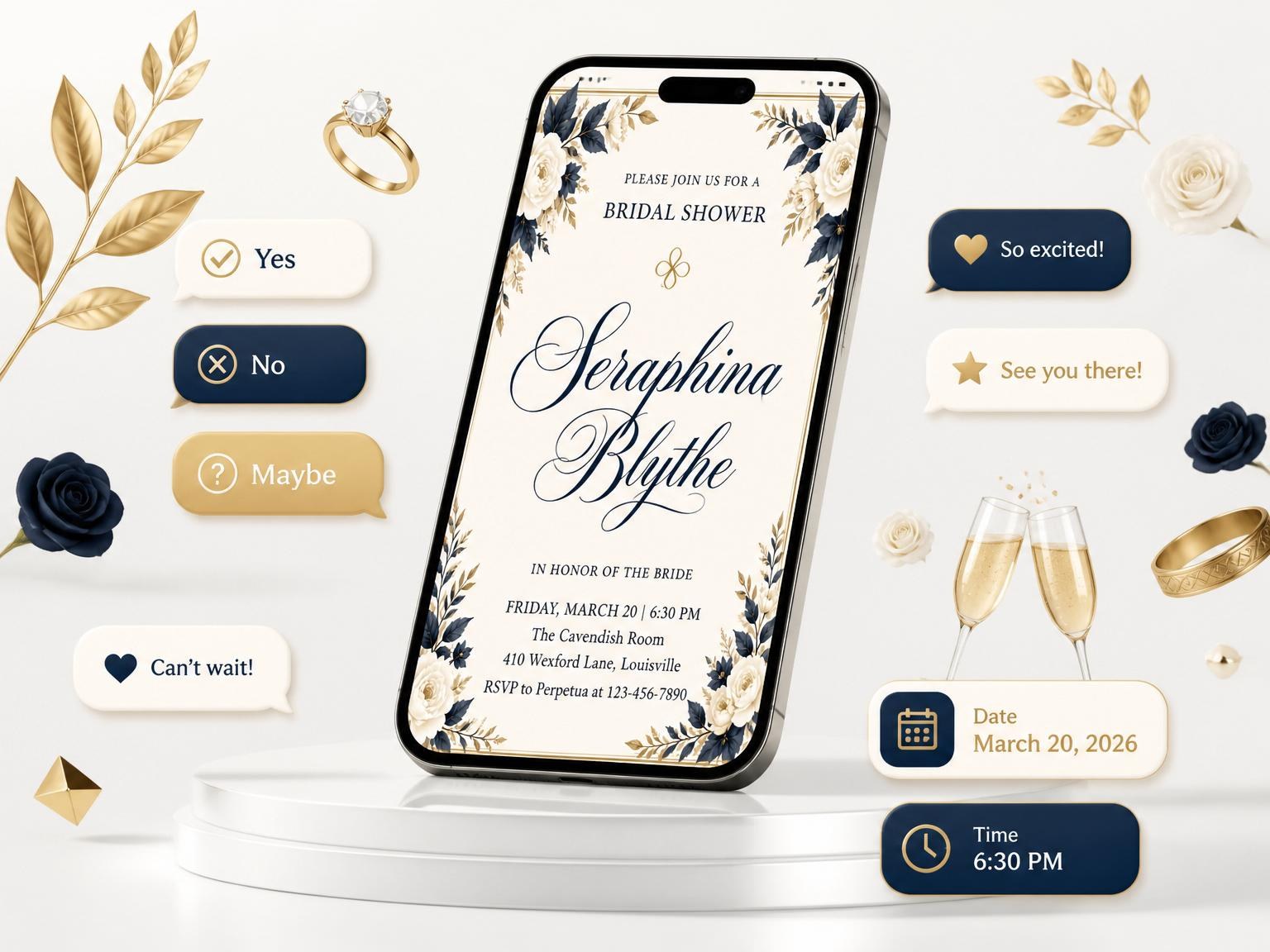 The Navy Floral Gold Border Bridal Shower invitation on a phone, with guest RSVPs arriving around it