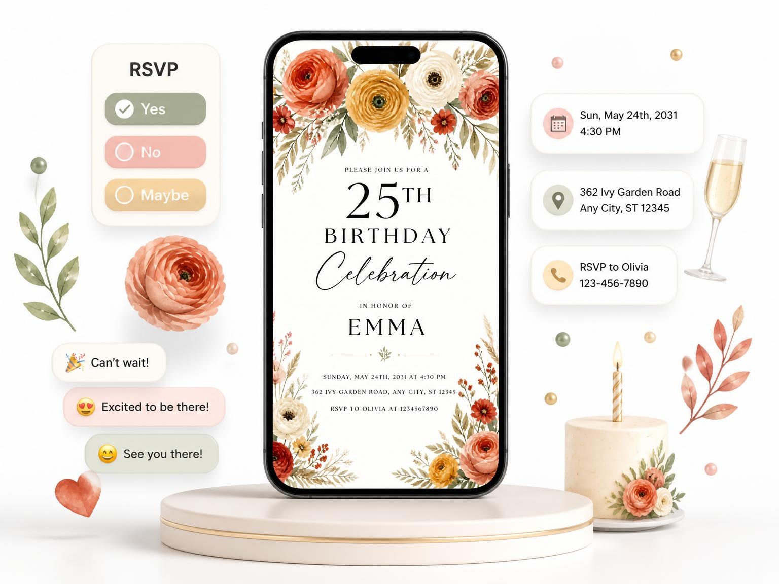 The Terracotta Floral Garland 25th Birthday Invitation invitation on a phone, with guest RSVPs arriving around it