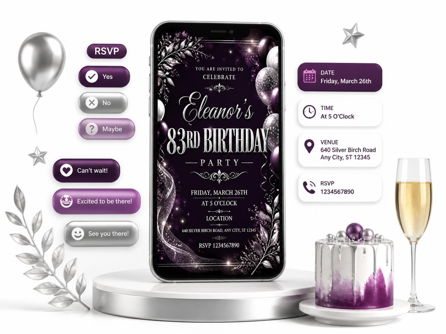 The Plum and Silver 83rd Birthday Invitation invitation on a phone, with guest RSVPs arriving around it