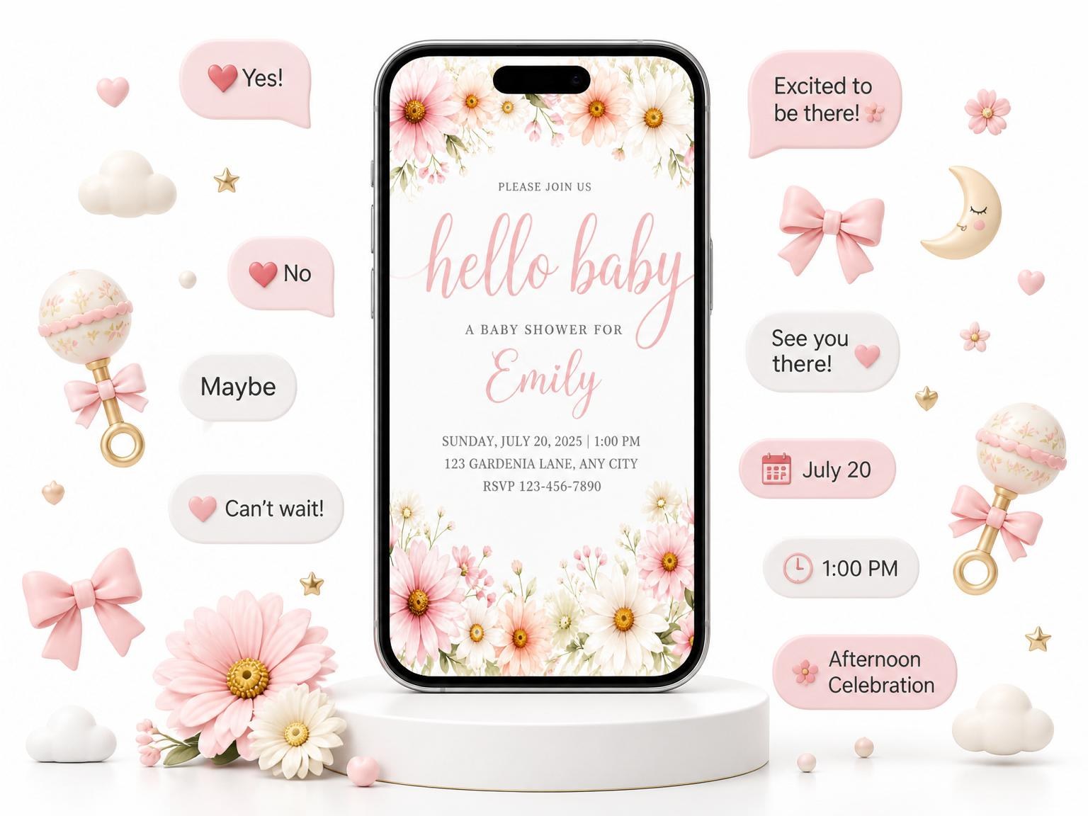 The Pink Watercolor Daisy Baby Shower invitation on a phone, with guest RSVPs arriving around it