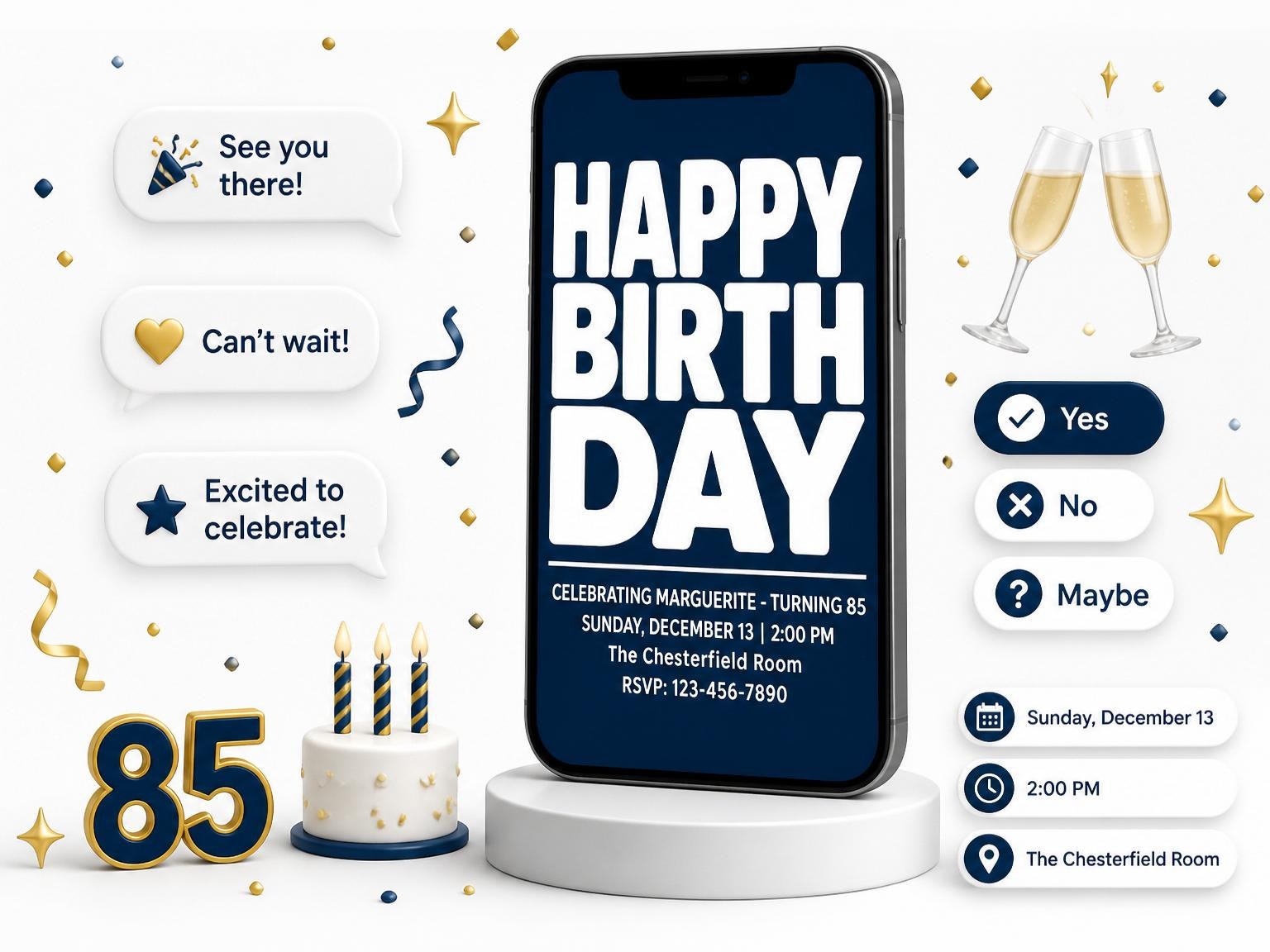 The Navy and White Bold Typographic Birthday invitation on a phone, with guest RSVPs arriving around it