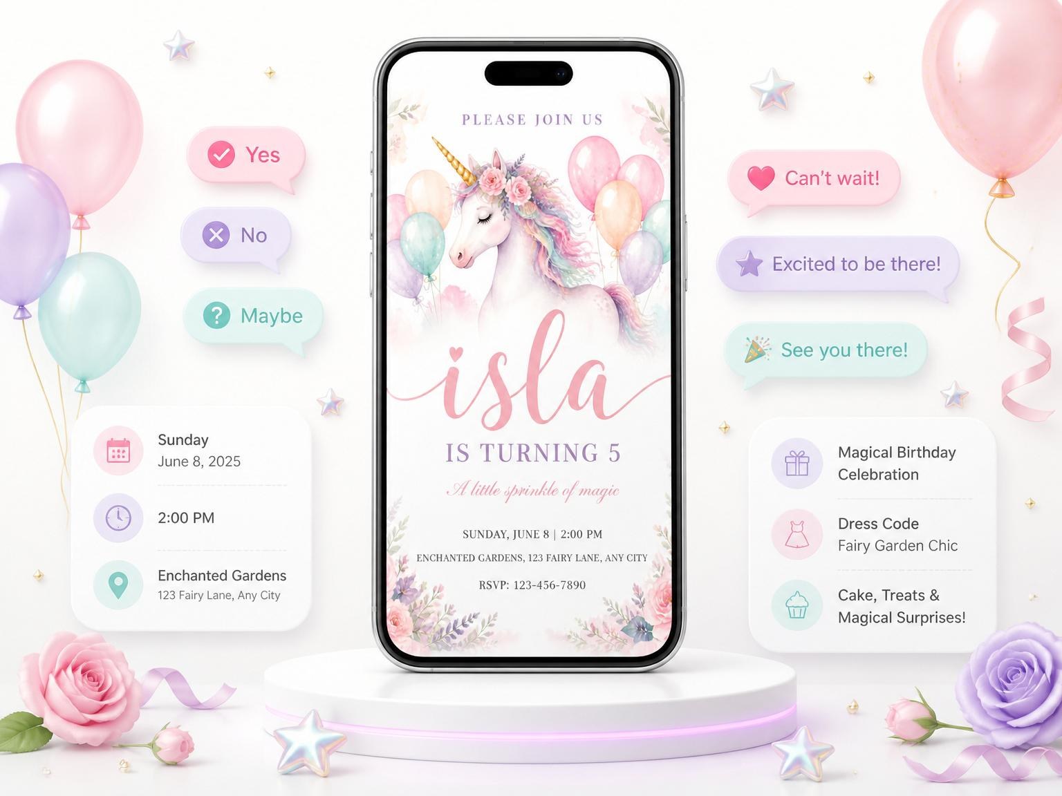 The Unicorn and Balloon 5th Birthday Invitation invitation on a phone, with guest RSVPs arriving around it