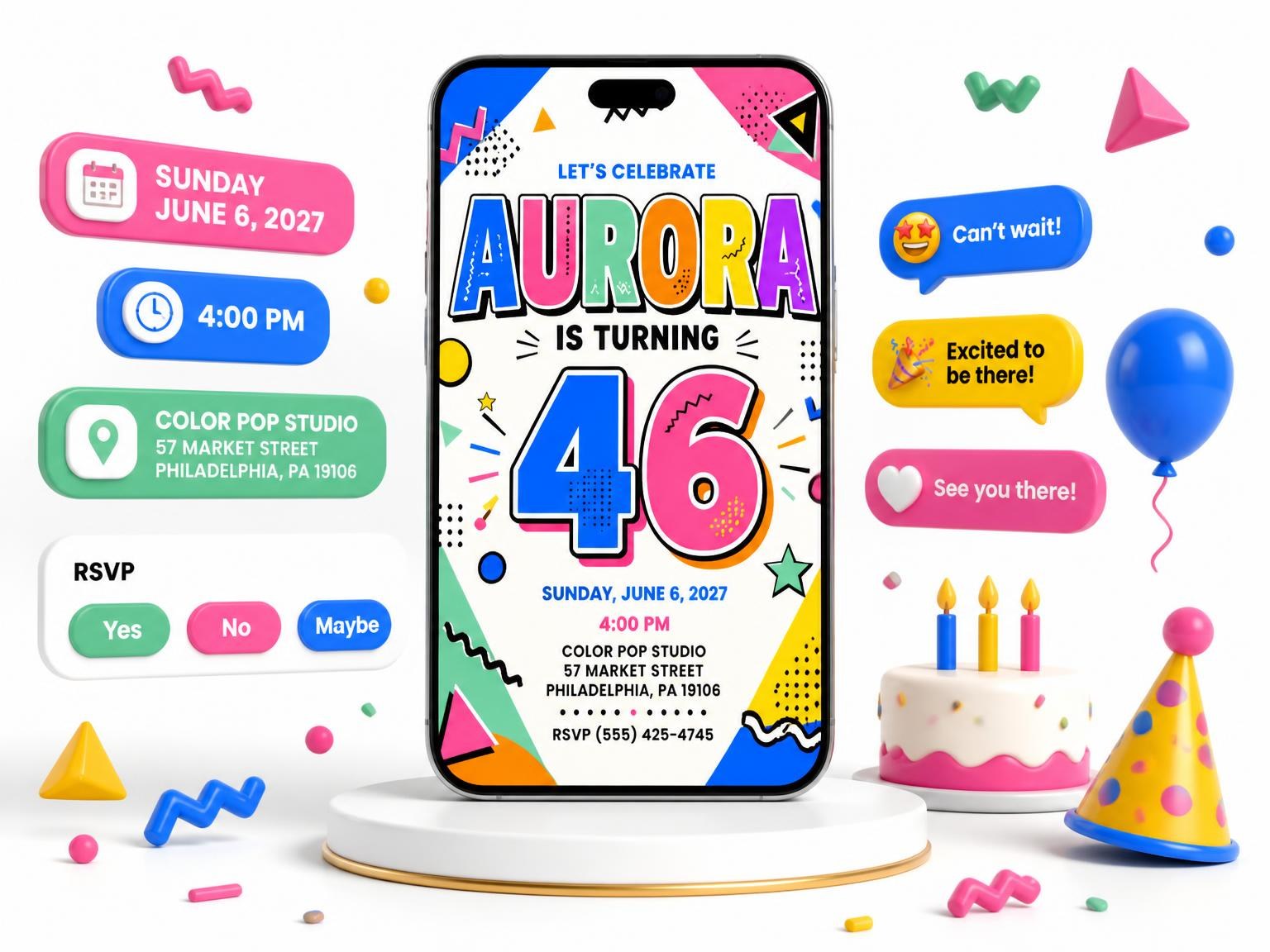 The Memphis Pop 46th Birthday Invitation invitation on a phone, with guest RSVPs arriving around it
