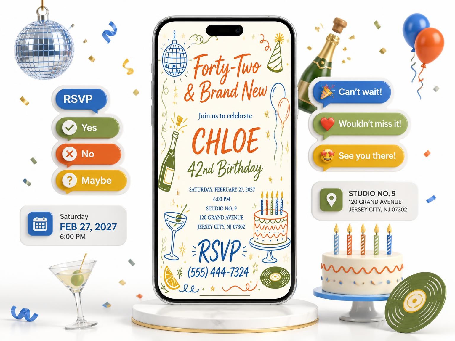 The Retro Doodle 42nd Birthday Invitation invitation on a phone, with guest RSVPs arriving around it