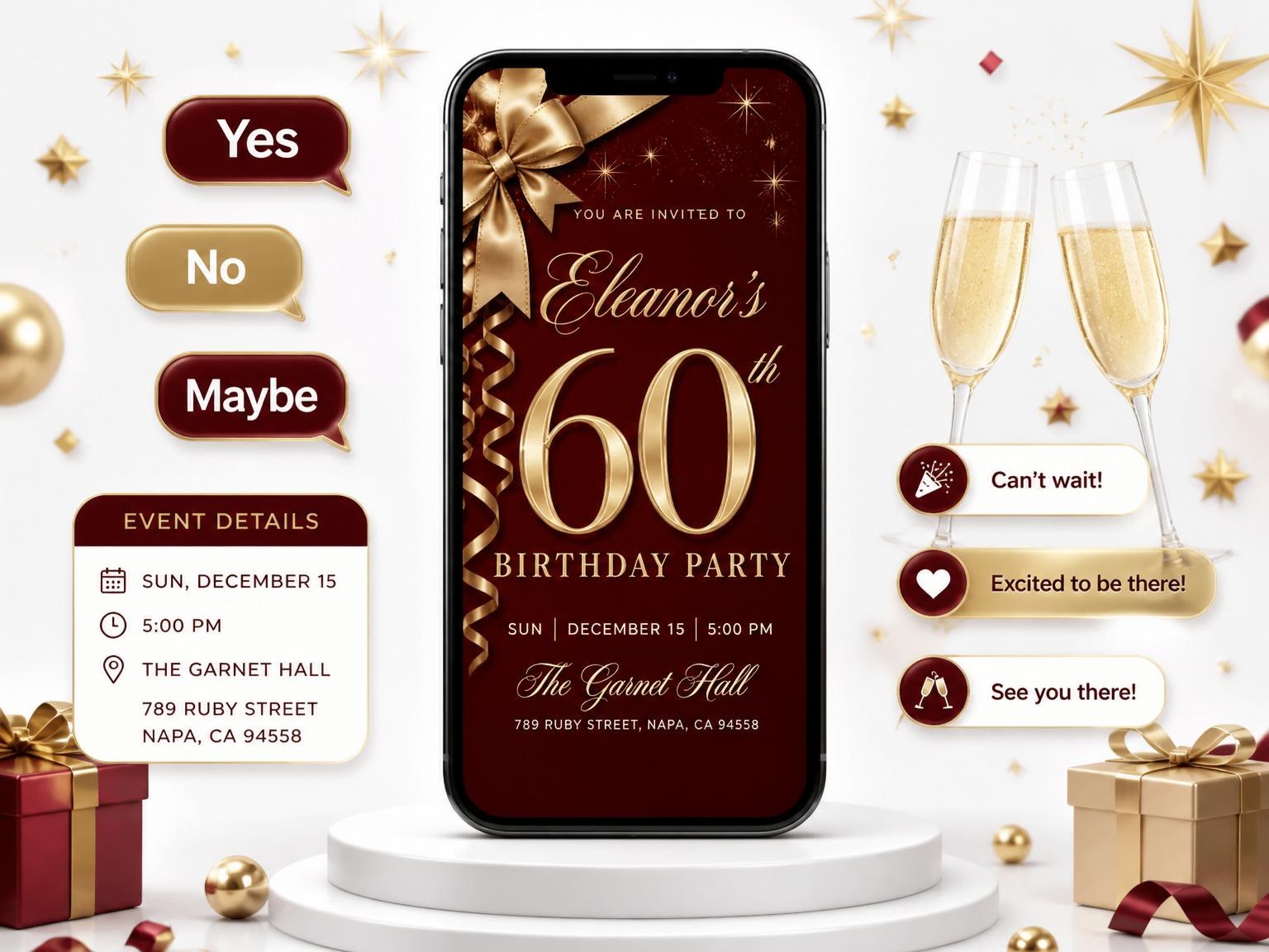 The Garnet Gold Ribbon 60th Birthday invitation on a phone, with guest RSVPs arriving around it