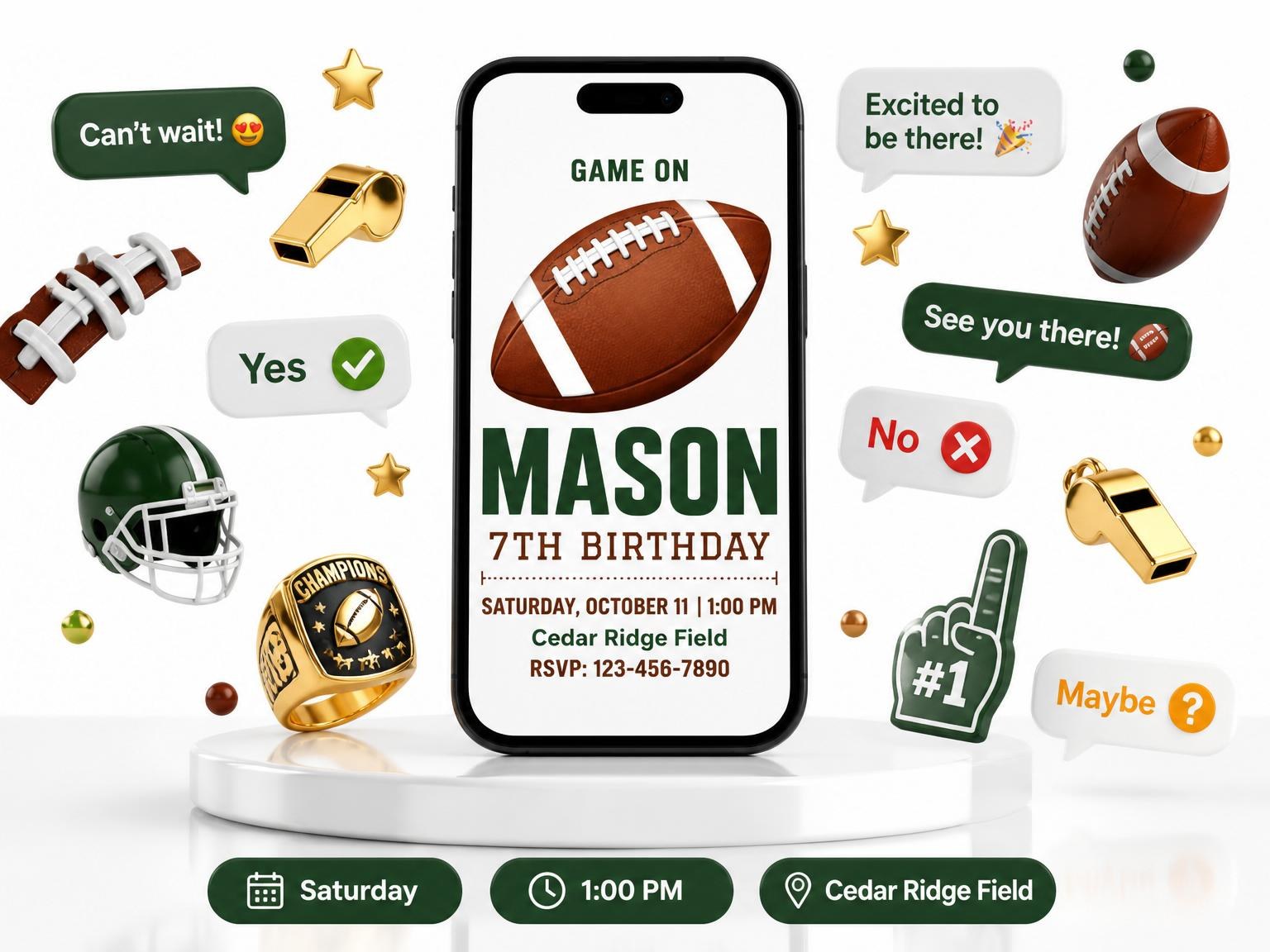 The Football Graphic 7th Birthday Party Invitation invitation on a phone, with guest RSVPs arriving around it