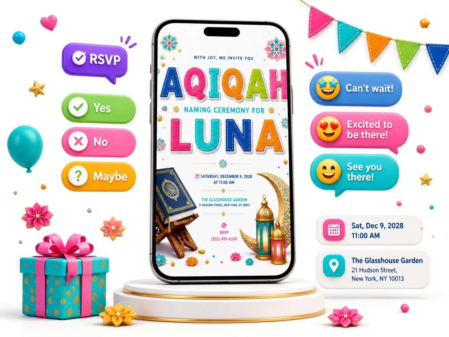 The Holy Quran Aqiqah Invitation invitation on a phone, with guest RSVPs arriving around it