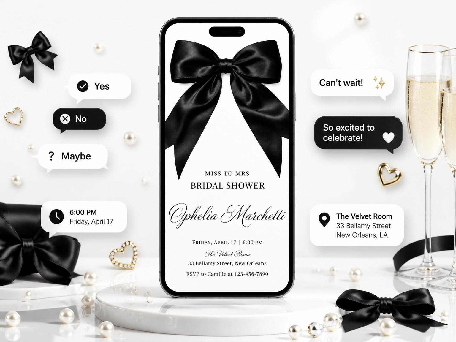 The Black Satin Bow Bridal Shower invitation on a phone, with guest RSVPs arriving around it