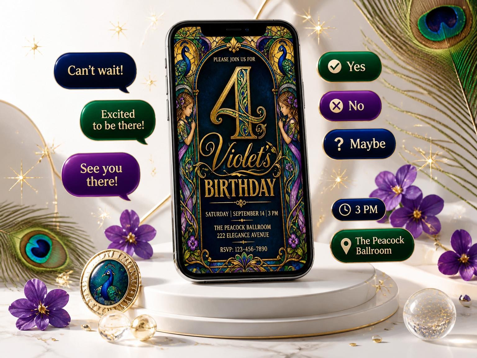 The Navy Stained Glass Peacock 4th Birthday invitation on a phone, with guest RSVPs arriving around it