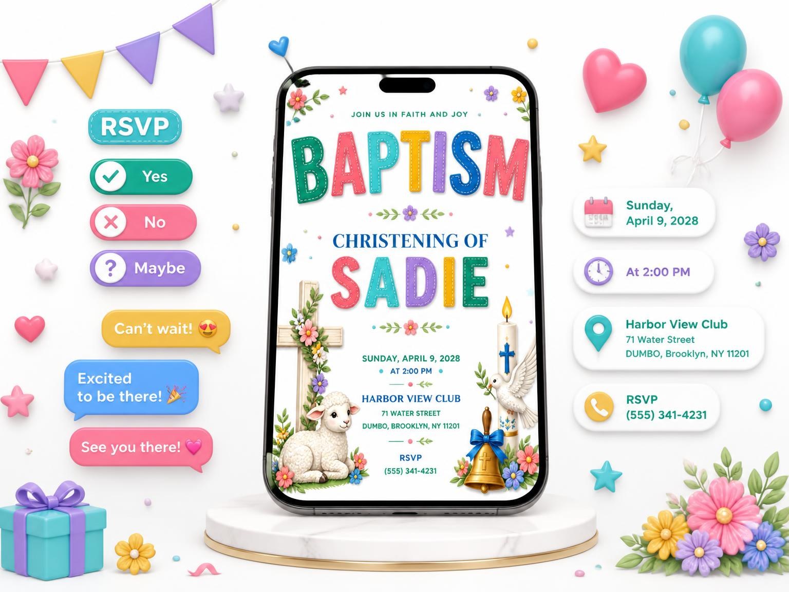 The Wooden Cross Baptism Invitation invitation on a phone, with guest RSVPs arriving around it