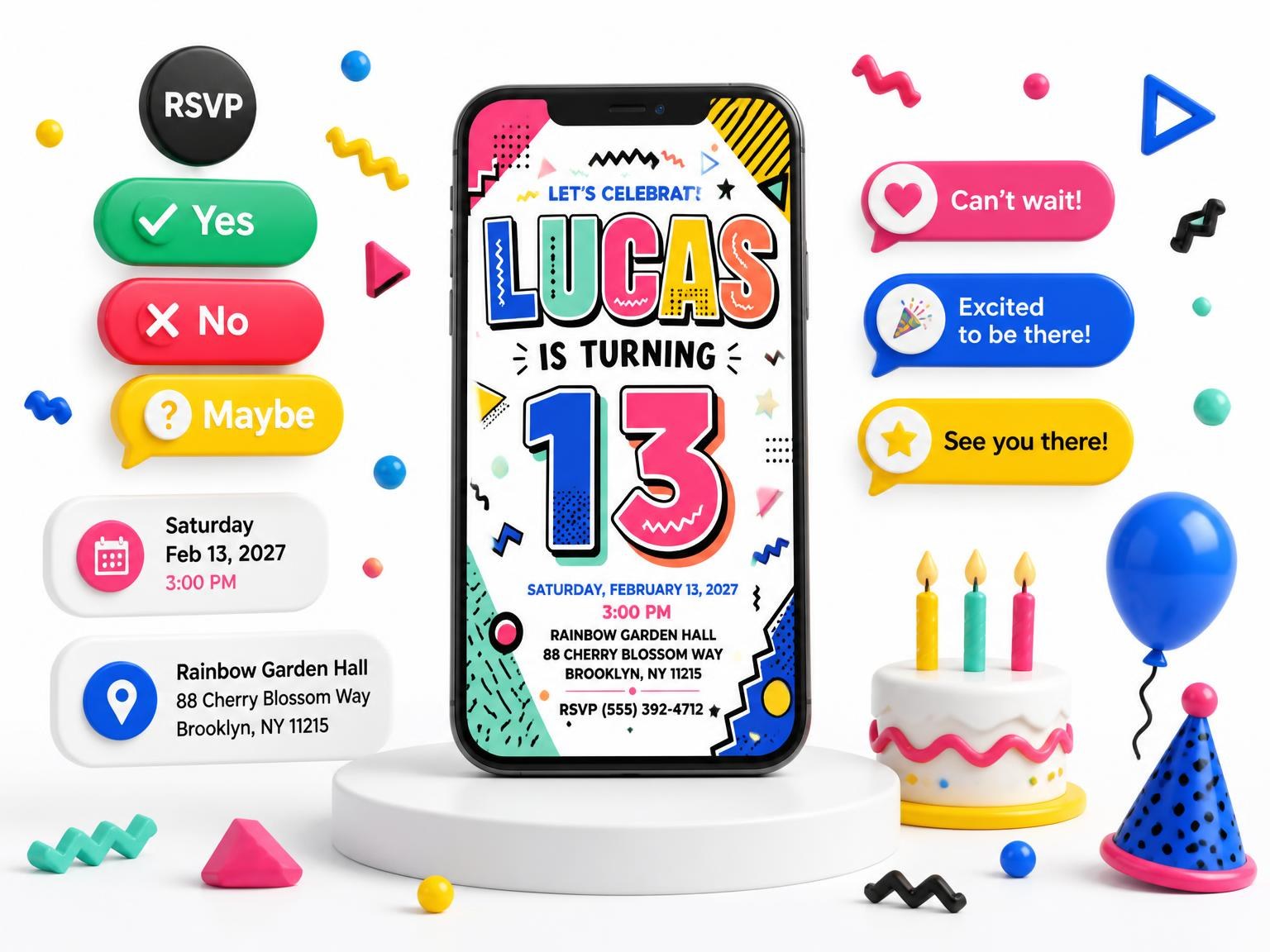 The Memphis Pop 13th Birthday Invitation invitation on a phone, with guest RSVPs arriving around it