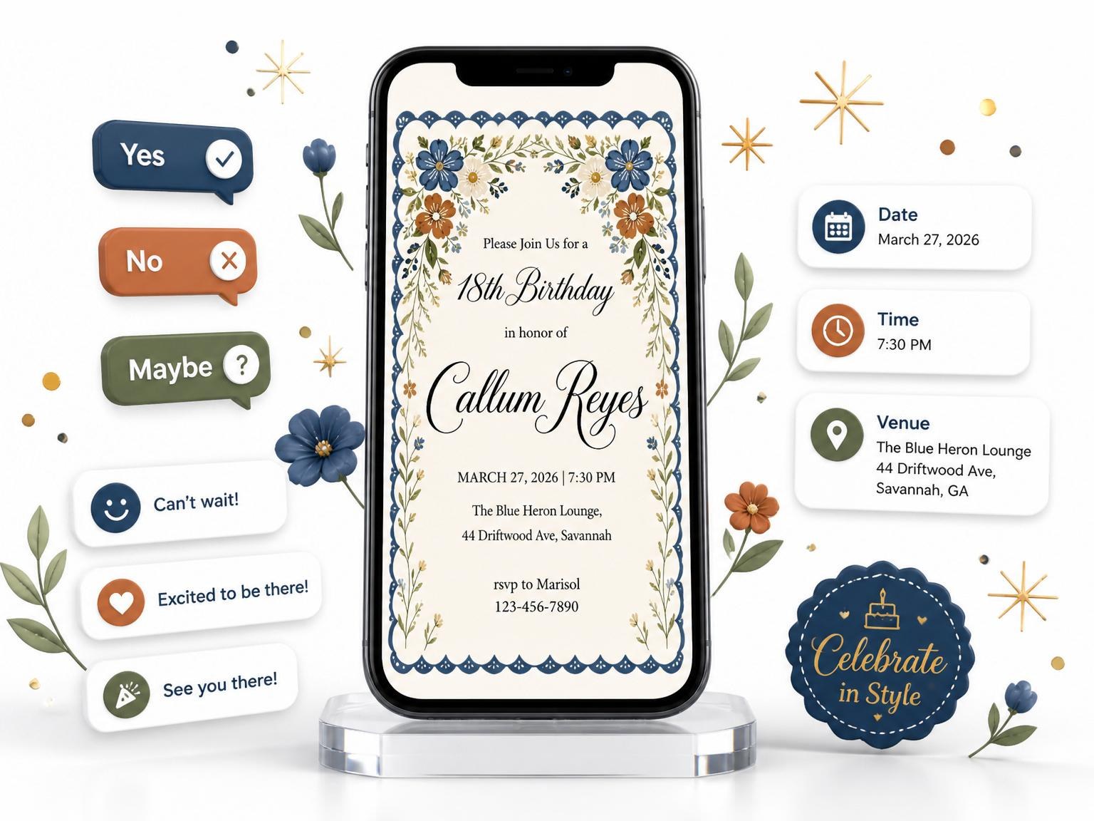 The Dusty Blue Folk Floral 18th Birthday invitation on a phone, with guest RSVPs arriving around it