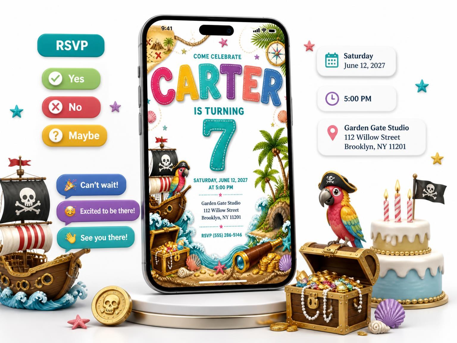 The Pirate Adventure 7th Birthday Invitation invitation on a phone, with guest RSVPs arriving around it