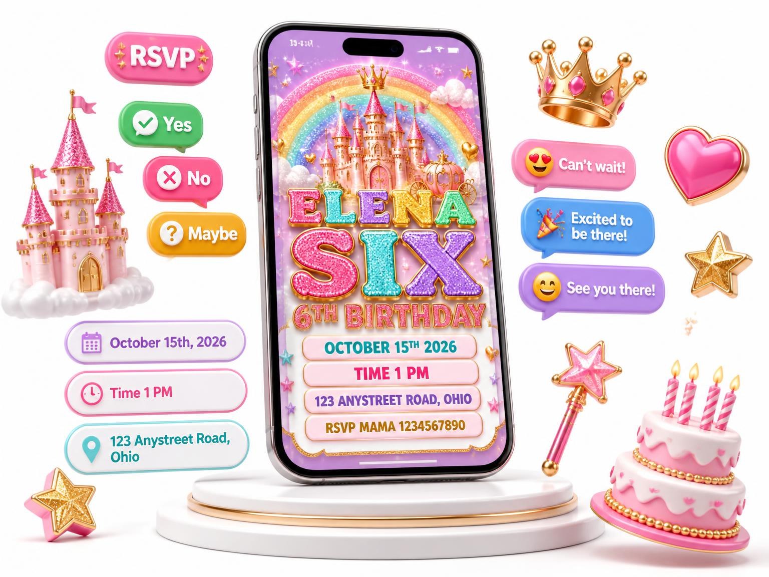 The Glitter Princess Castle 6th Birthday Invitation invitation on a phone, with guest RSVPs arriving around it