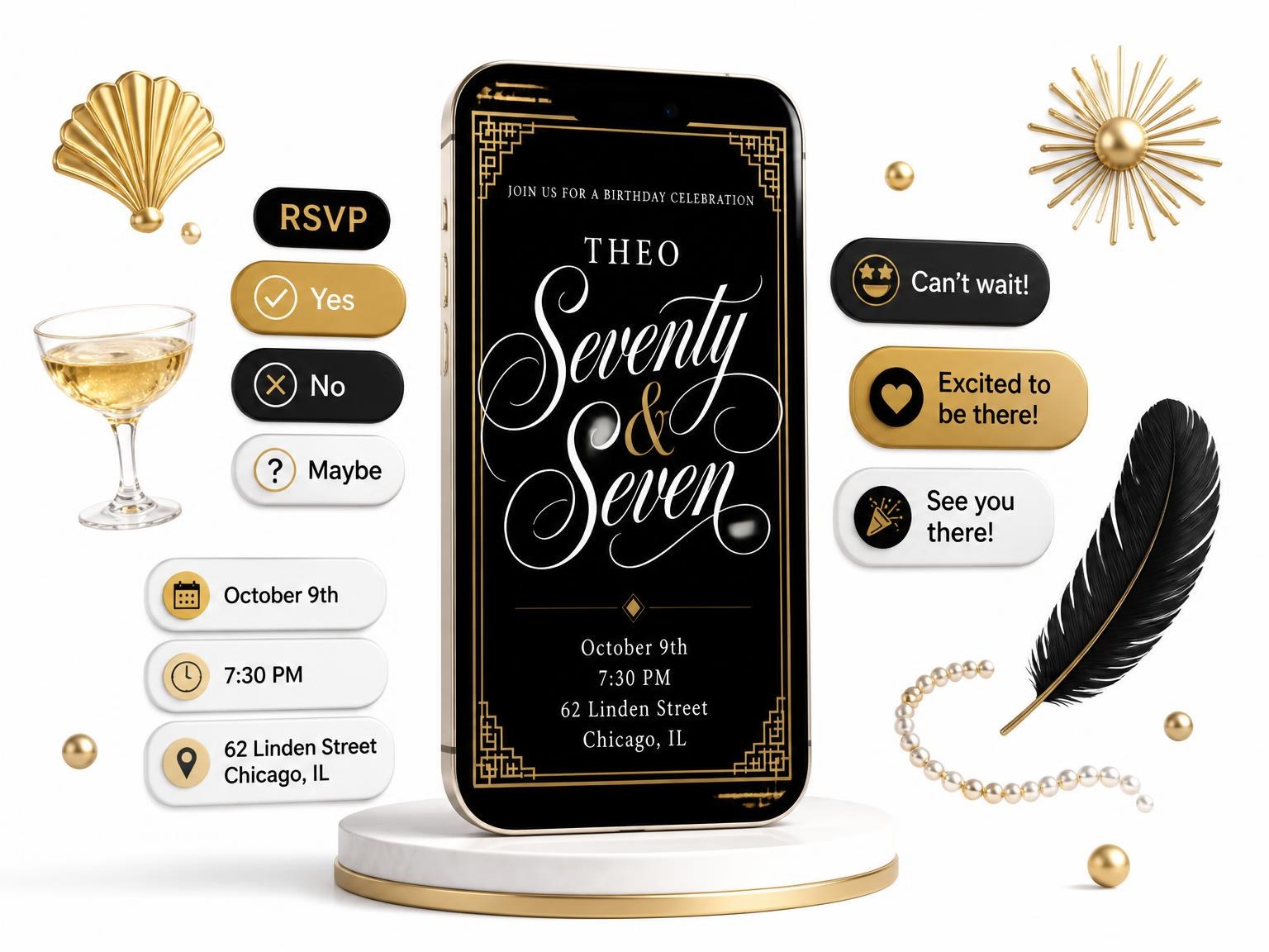 The Art Deco 77th Birthday Invitation invitation on a phone, with guest RSVPs arriving around it