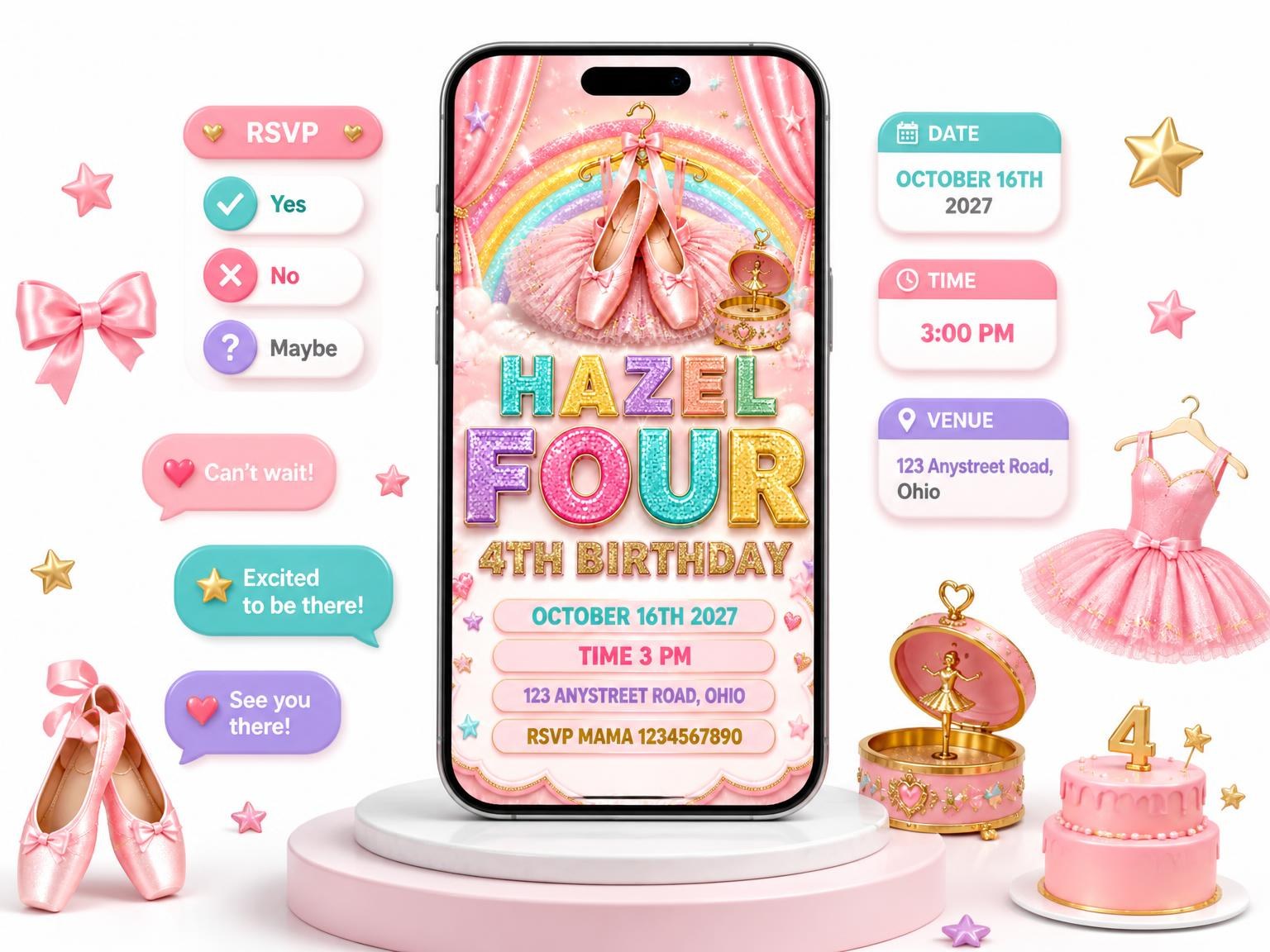The Glitter Ballet 4th Birthday Invitation invitation on a phone, with guest RSVPs arriving around it