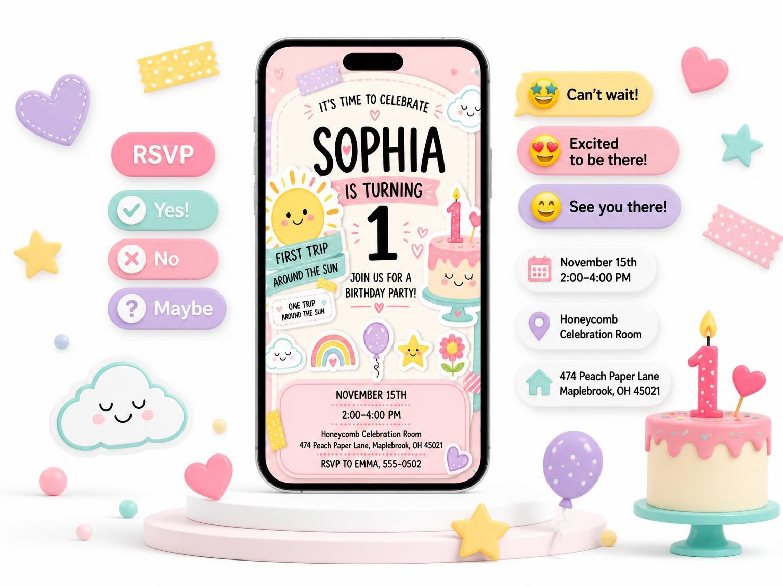 The Patchwork Scraps Pastel 1st Birthday Invitation invitation on a phone, with guest RSVPs arriving around it