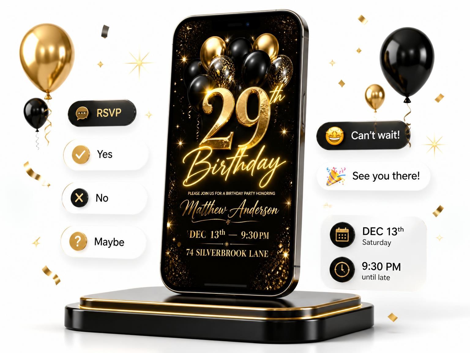 The Black and Gold Balloon 29th Birthday invitation on a phone, with guest RSVPs arriving around it