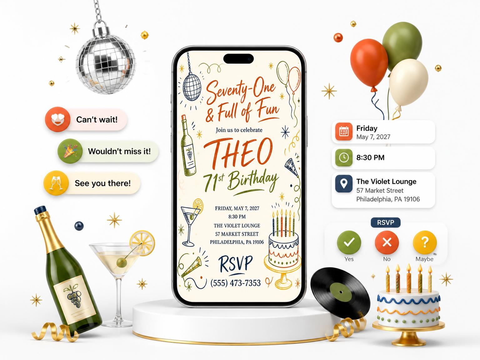 The Retro Doodle 71st Birthday Invitation invitation on a phone, with guest RSVPs arriving around it