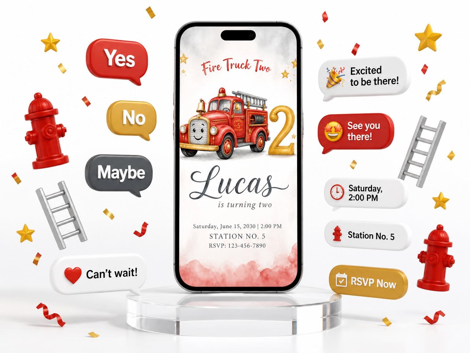 The Watercolor Fire Truck 2nd Birthday invitation on a phone, with guest RSVPs arriving around it