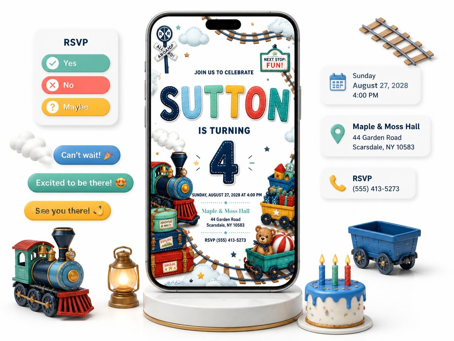The Stitched Train 4th Birthday Invitation invitation on a phone, with guest RSVPs arriving around it