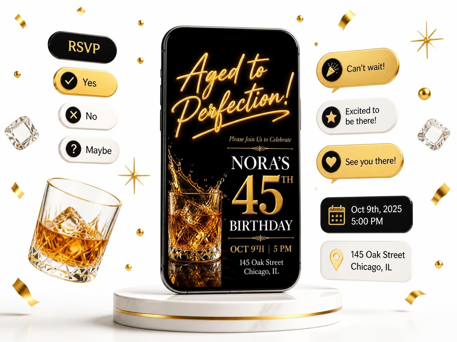 The Crystal Whiskey 45th Birthday Invitation invitation on a phone, with guest RSVPs arriving around it