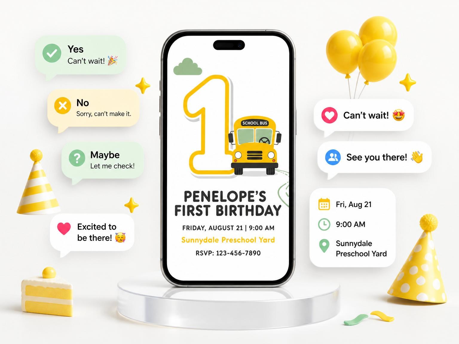 The Sage and Yellow School Bus 1st Birthday invitation on a phone, with guest RSVPs arriving around it
