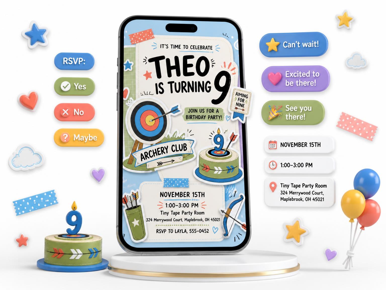 The Target Stand Pastel 9th Birthday Invitation invitation on a phone, with guest RSVPs arriving around it