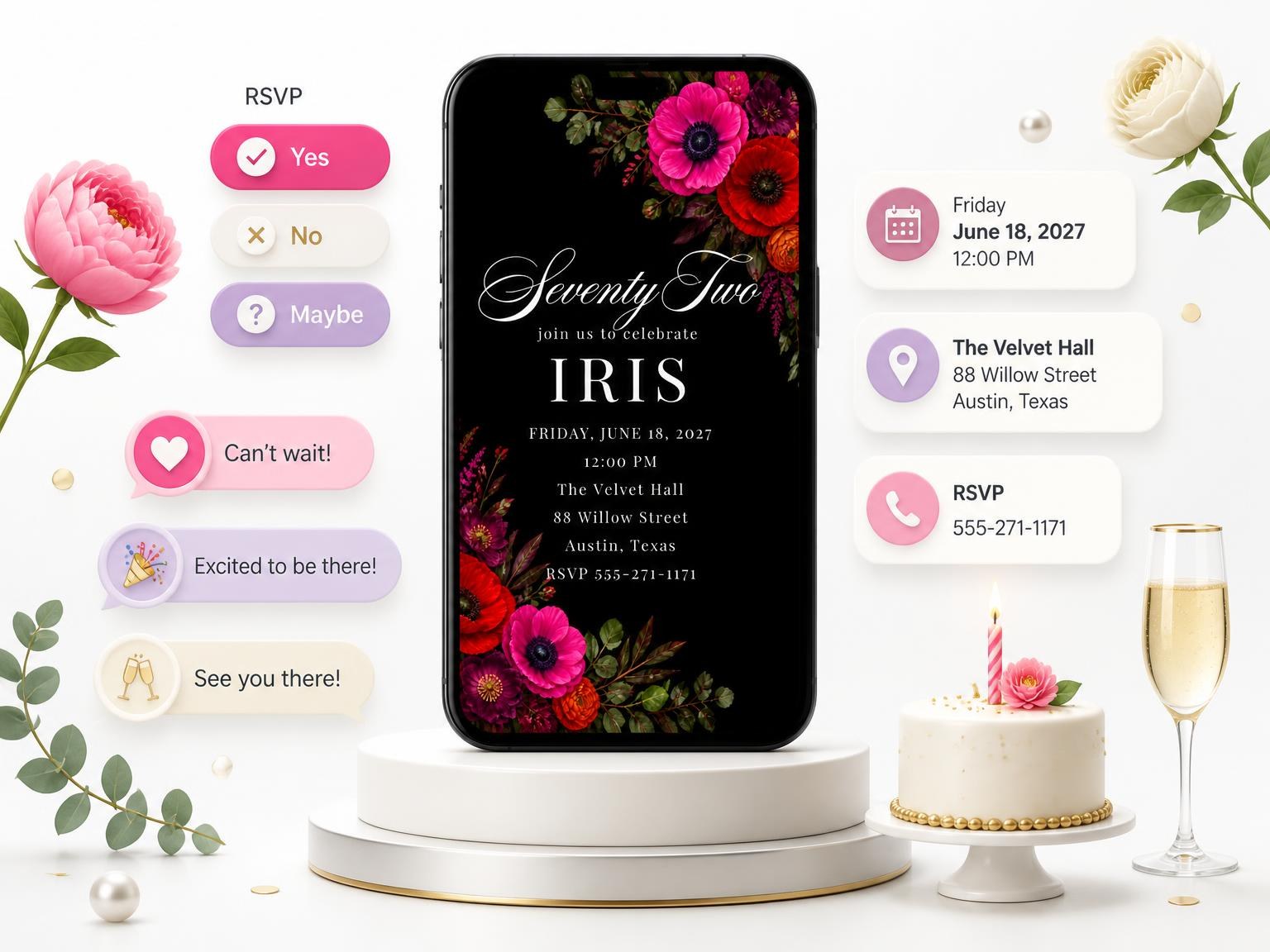 The Black Floral 72nd Birthday Invitation invitation on a phone, with guest RSVPs arriving around it