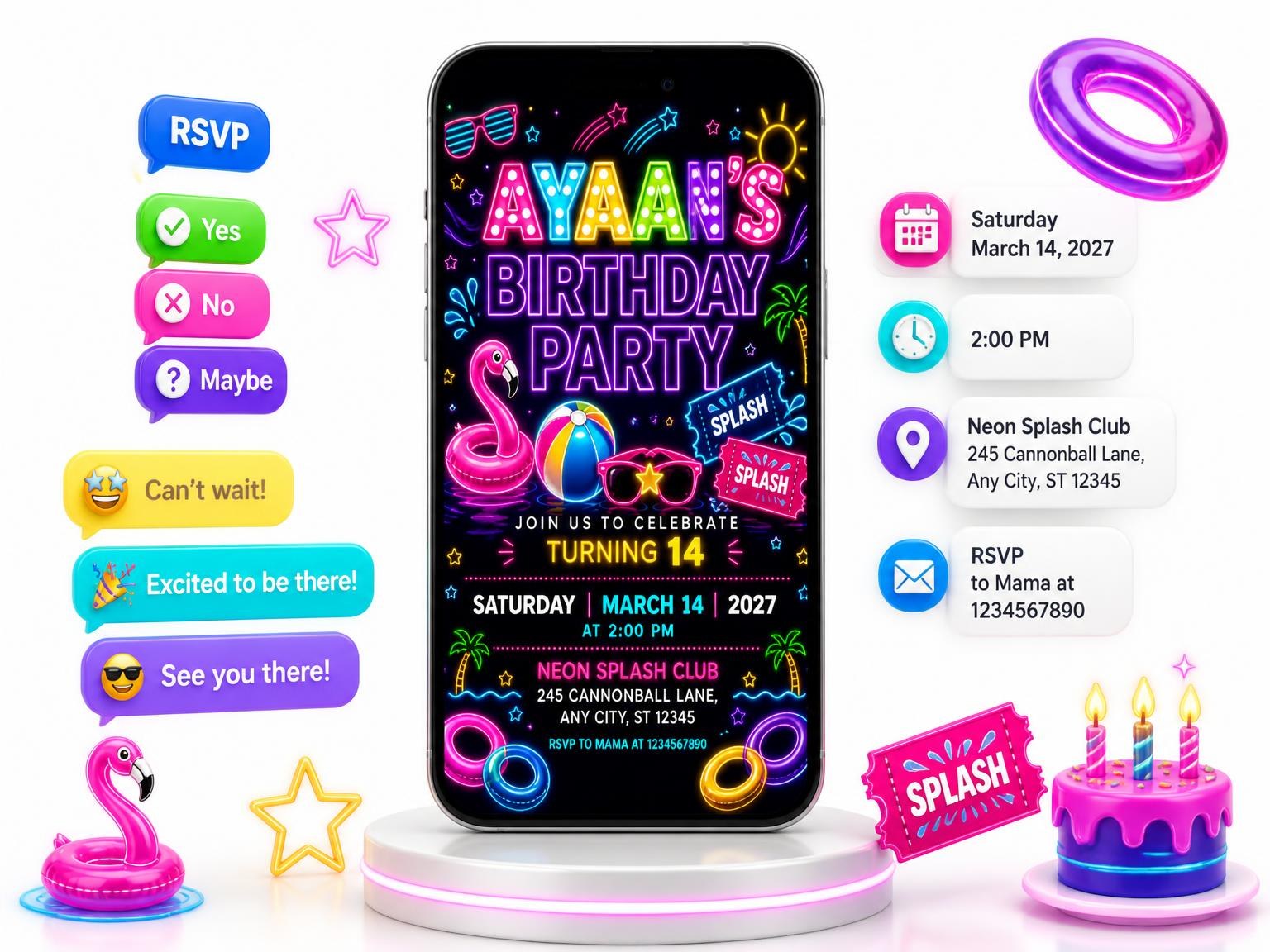 The Neon Pool Party 14th Birthday Invitation invitation on a phone, with guest RSVPs arriving around it