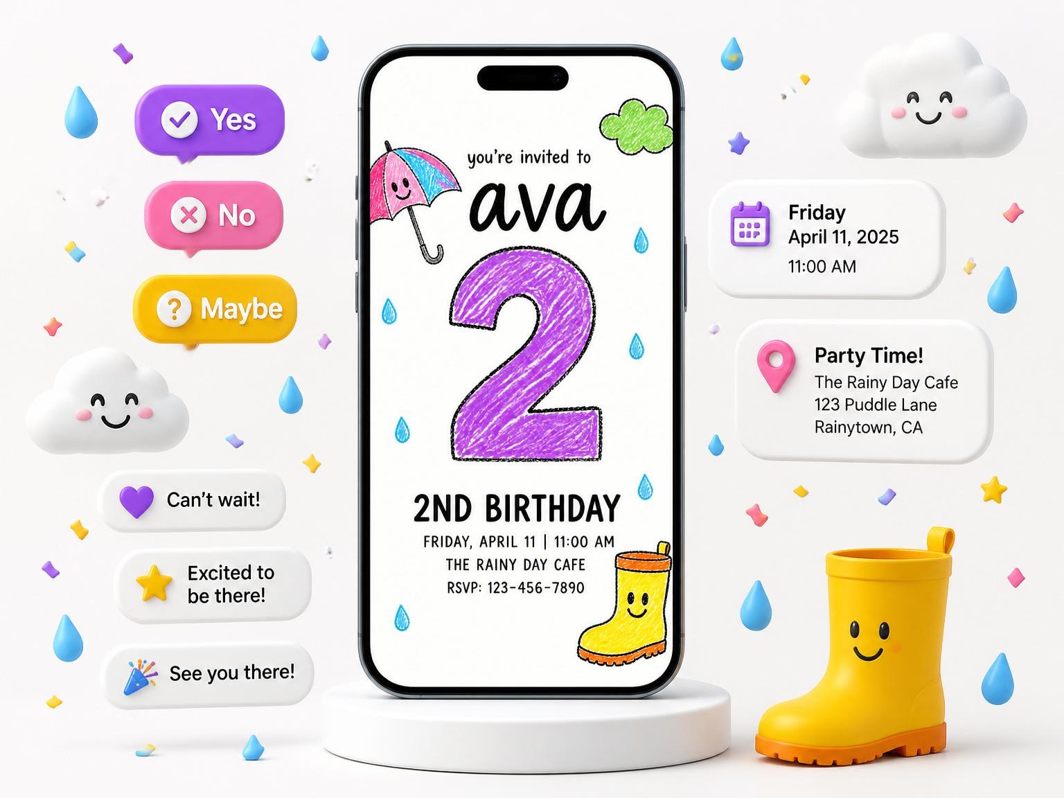 The Crayon Rainy Day 2nd Birthday invitation on a phone, with guest RSVPs arriving around it