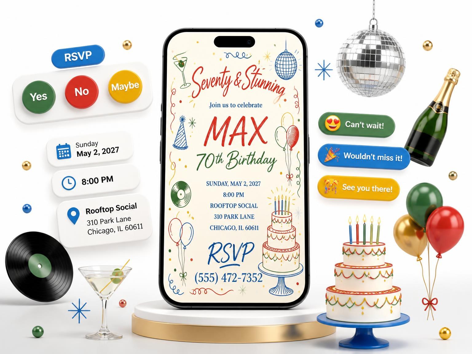 The Retro Doodle 70th Birthday Invitation invitation on a phone, with guest RSVPs arriving around it