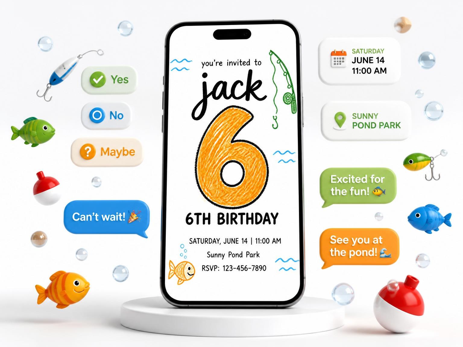 The Crayon Fishing 6th Birthday Invitation invitation on a phone, with guest RSVPs arriving around it
