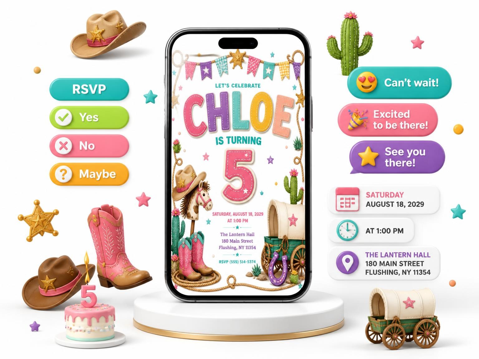 The Stitched Cowboy 5th Birthday Invitation invitation on a phone, with guest RSVPs arriving around it