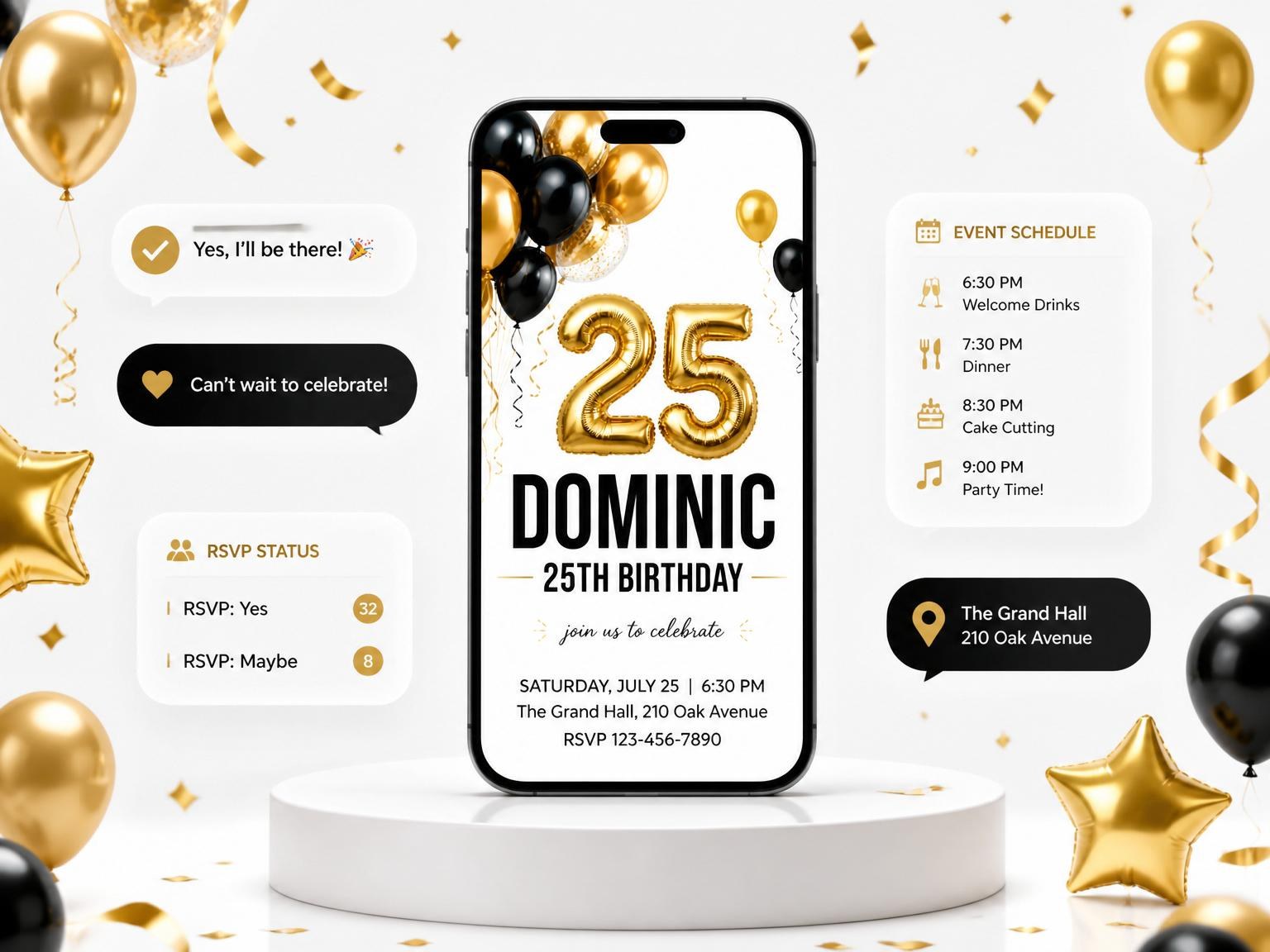 The Metallic Gold Balloon 25th Birthday invitation on a phone, with guest RSVPs arriving around it