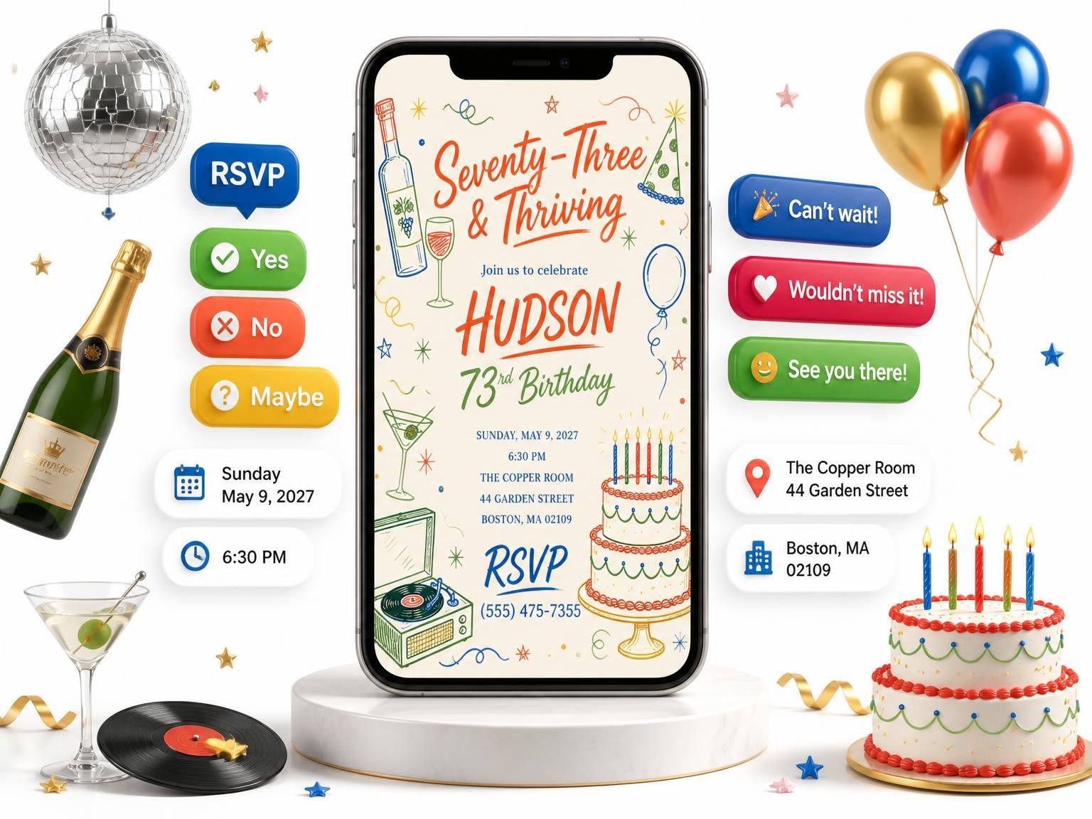 The Retro Doodle 73rd Birthday Invitation invitation on a phone, with guest RSVPs arriving around it