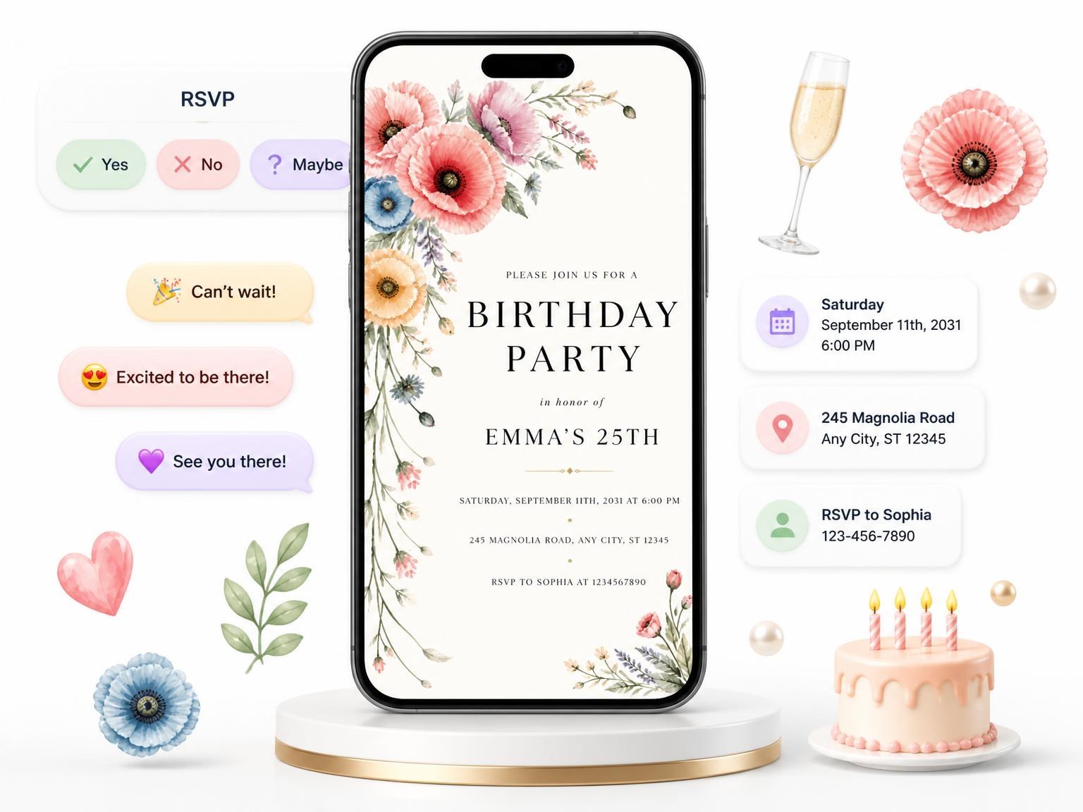 The Pastel Floral Garland 25th Birthday Invitation invitation on a phone, with guest RSVPs arriving around it