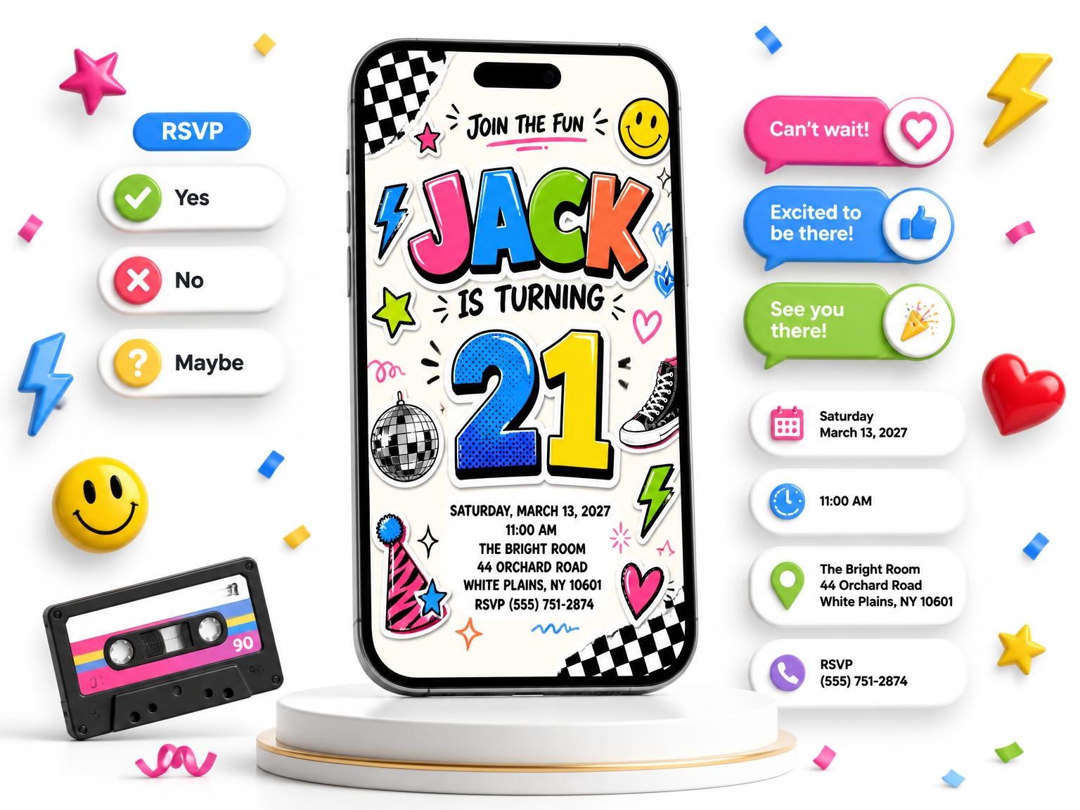 The Sticker Pop 21st Birthday Invitation invitation on a phone, with guest RSVPs arriving around it