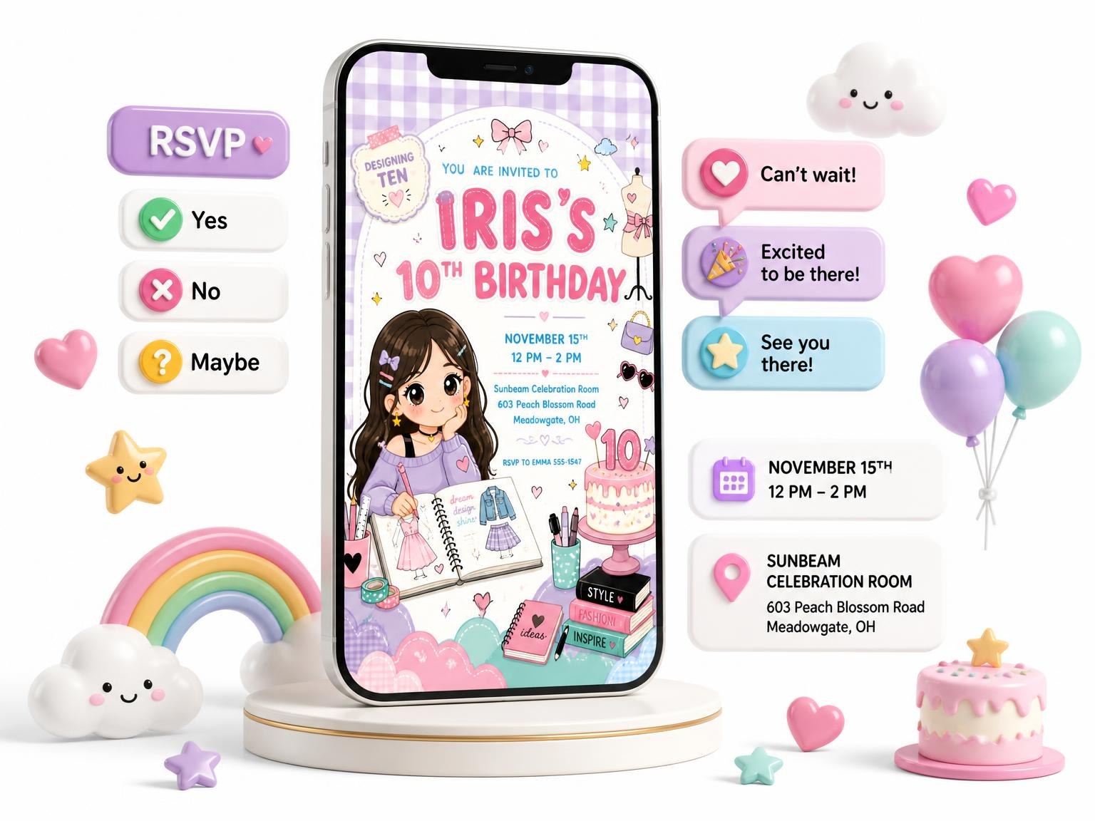 The Dressmaker Mannequin 10th Birthday Invitation invitation on a phone, with guest RSVPs arriving around it