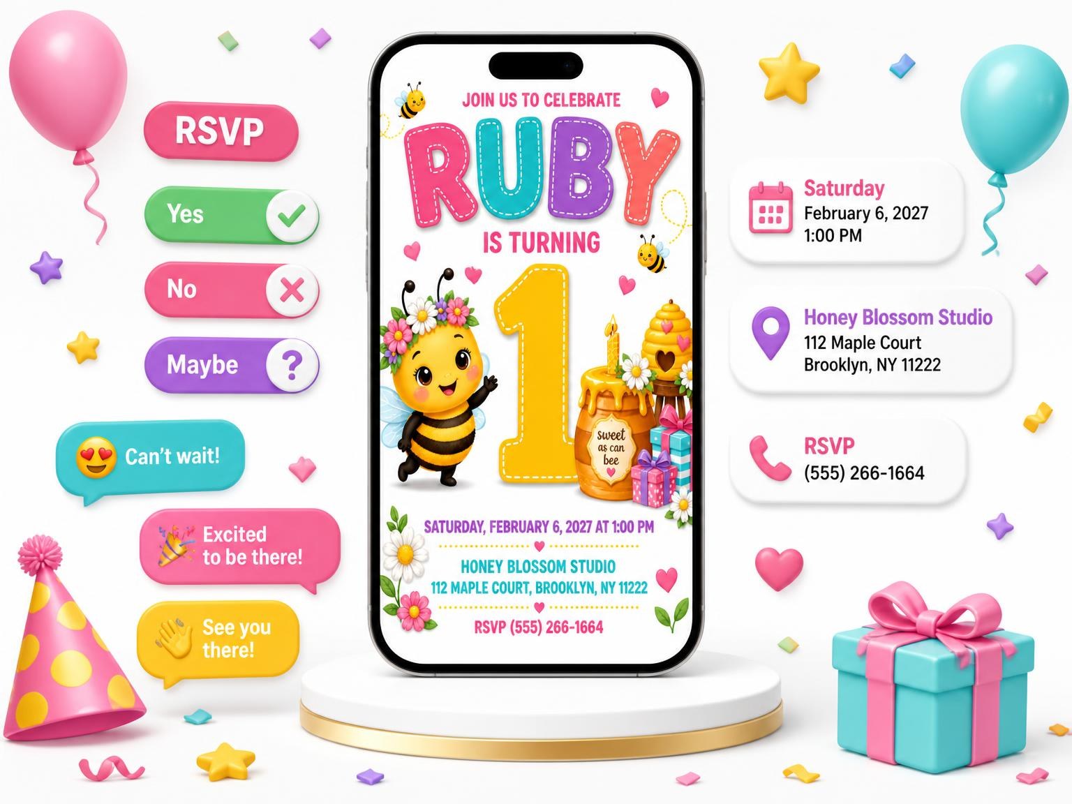 The Cake Beehive Stitched 1st Birthday Invitation invitation on a phone, with guest RSVPs arriving around it