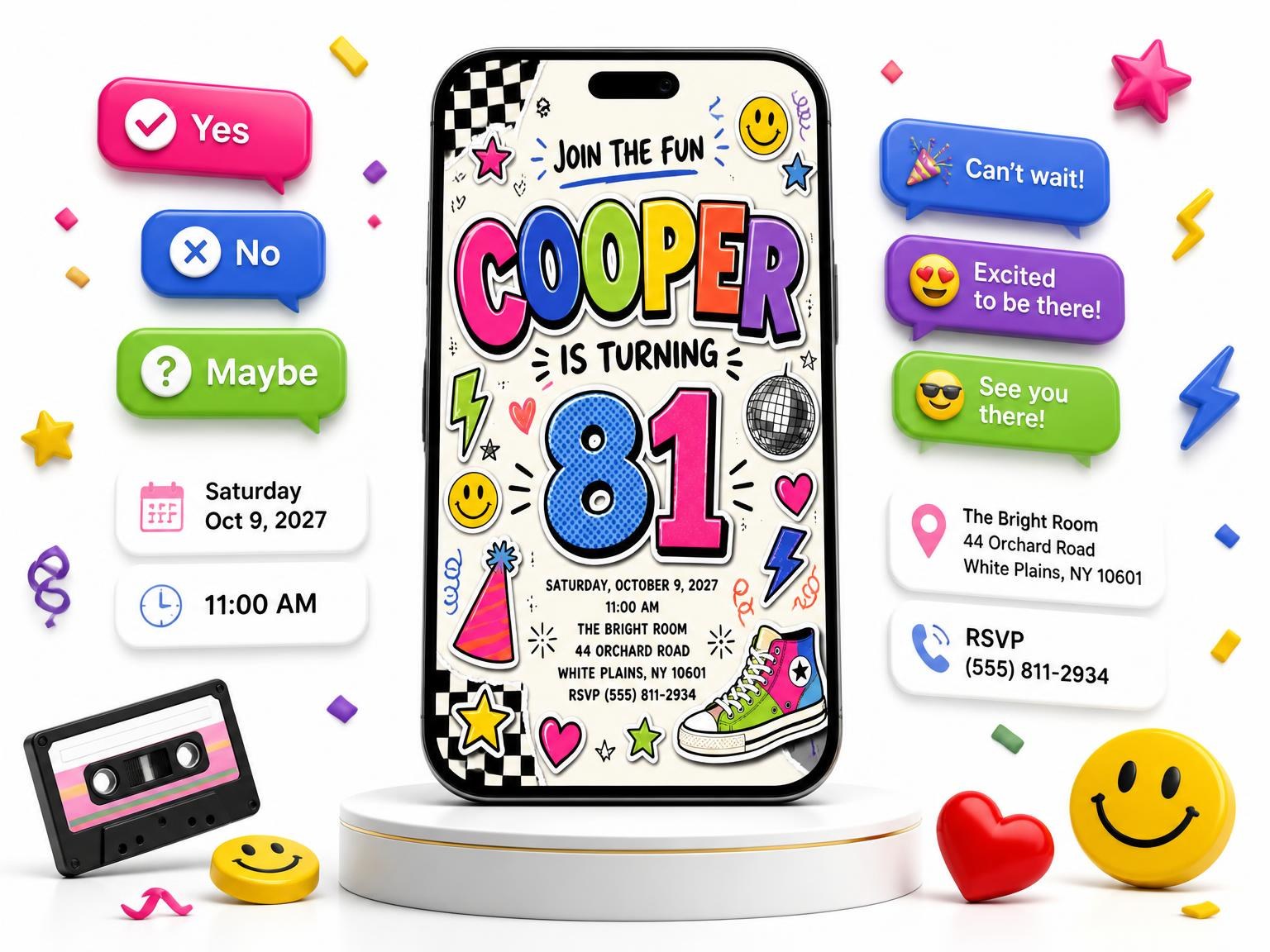 The Sticker Pop 81st Birthday Invitation invitation on a phone, with guest RSVPs arriving around it