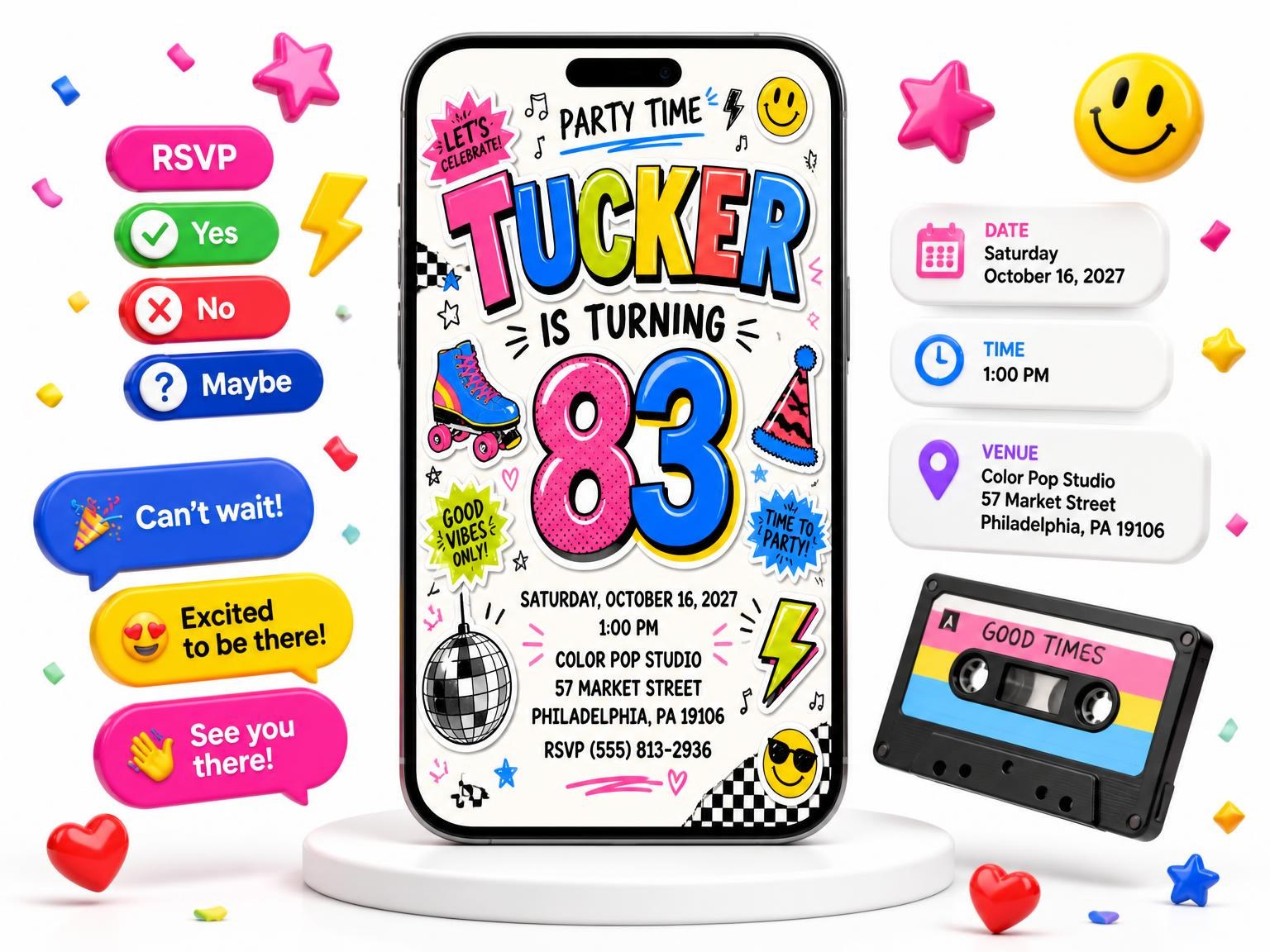The Sticker Pop 83rd Birthday Invitation invitation on a phone, with guest RSVPs arriving around it