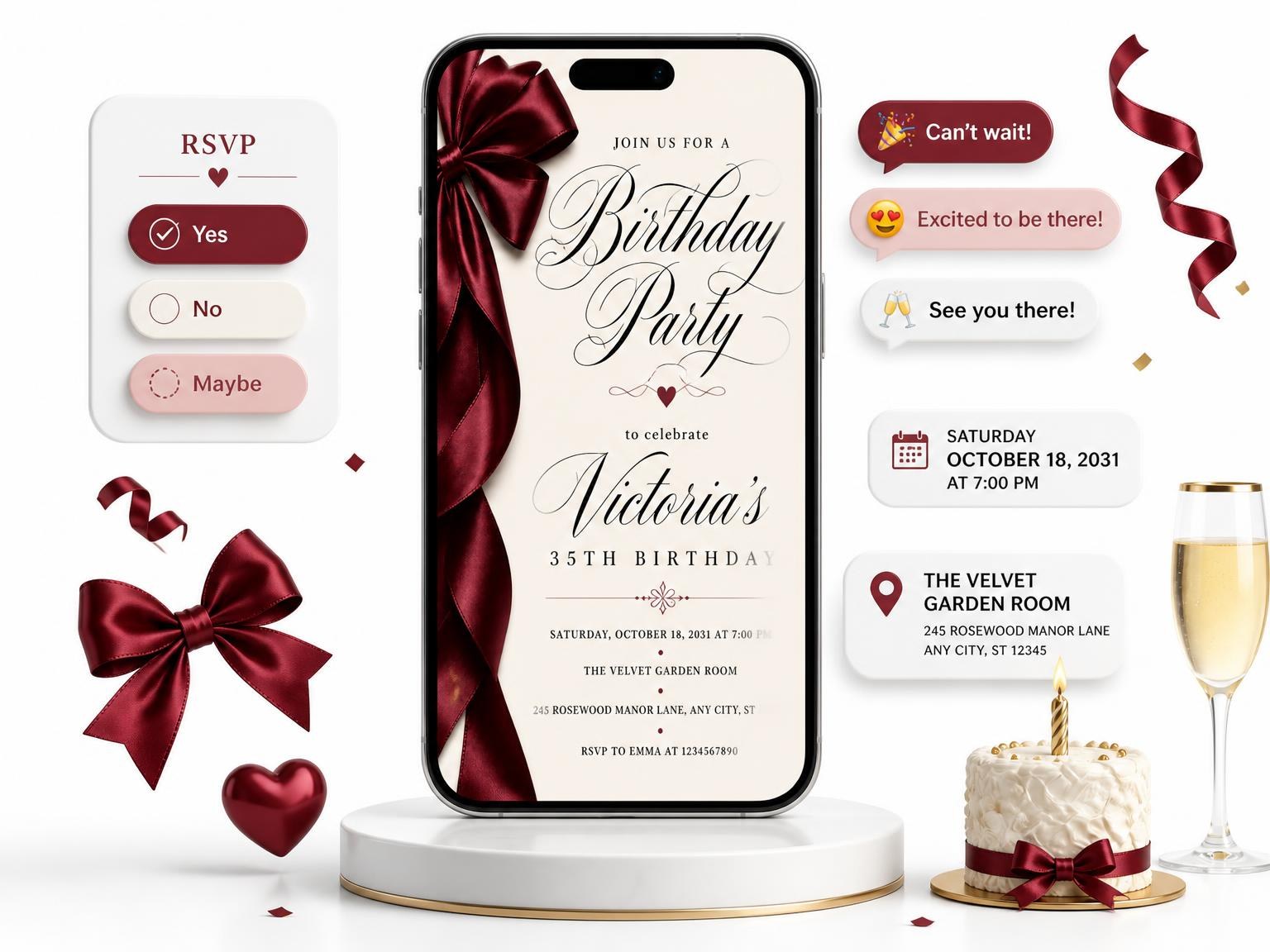 The Burgundy Satin Bow 35th Birthday Invitation invitation on a phone, with guest RSVPs arriving around it