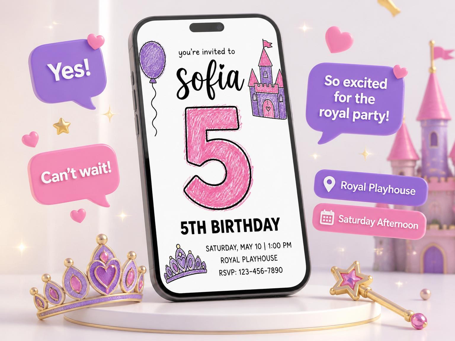 The Crayon Castle Crown 5th Birthday Invitation invitation on a phone, with guest RSVPs arriving around it