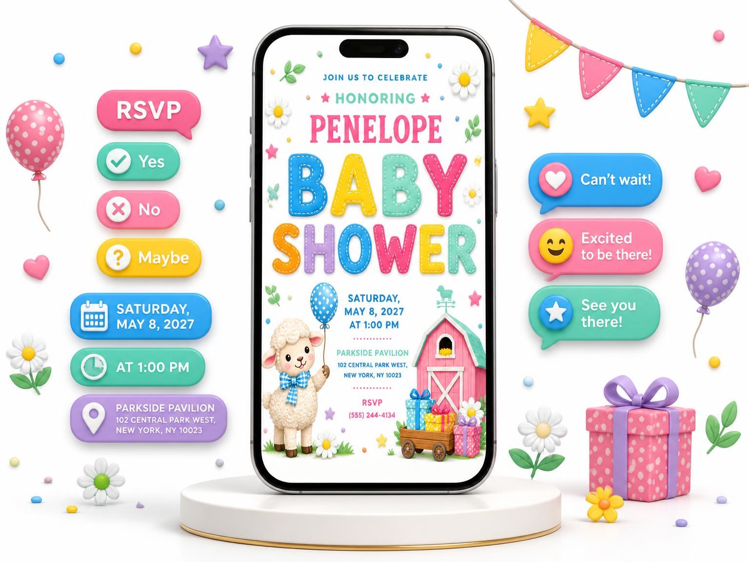 The Baby Lamb Baby Shower Invitation invitation on a phone, with guest RSVPs arriving around it