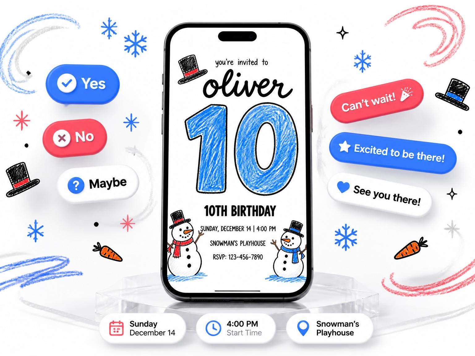 The Colored Pencil Snowman 10th Birthday Invitation invitation on a phone, with guest RSVPs arriving around it