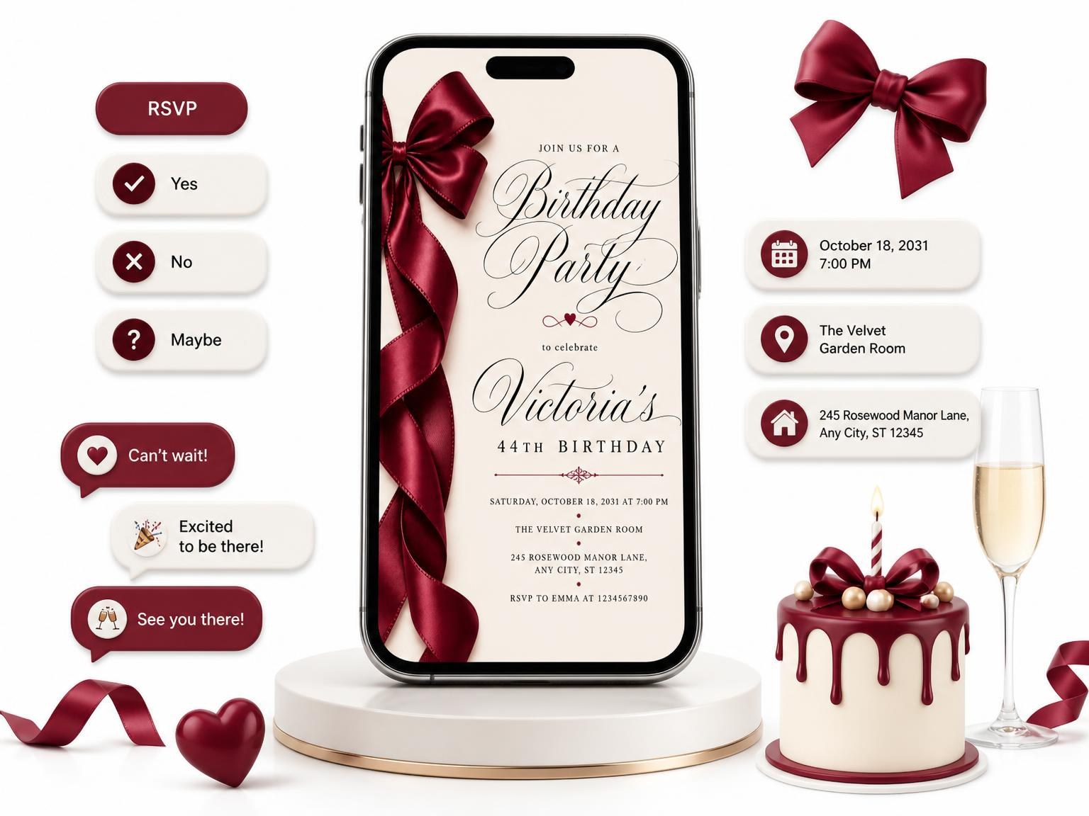 The Burgundy Satin Bow 44th Birthday Invitation invitation on a phone, with guest RSVPs arriving around it