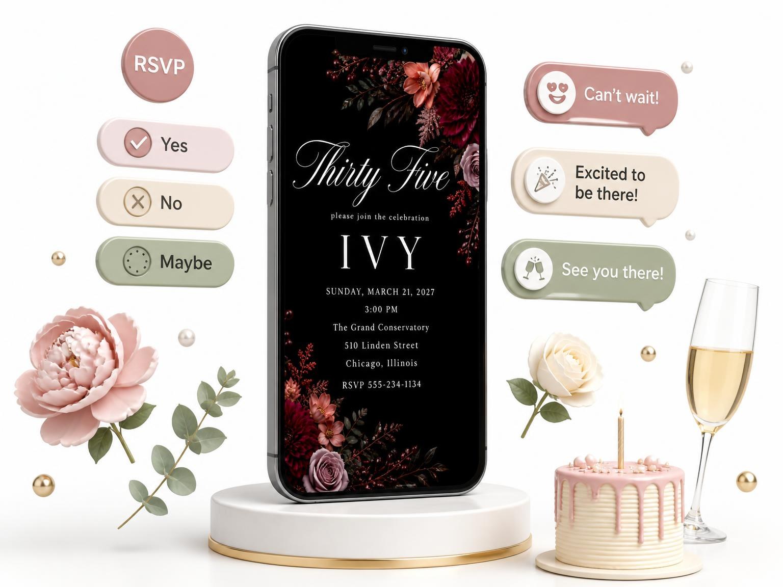 The Black Floral 35th Birthday Invitation invitation on a phone, with guest RSVPs arriving around it
