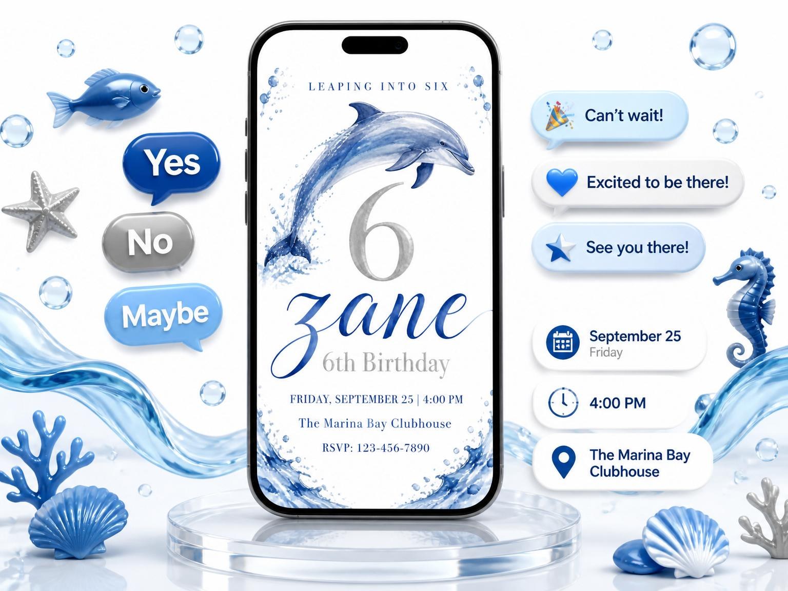 The Watercolor Dolphin Leaping 6th Birthday invitation on a phone, with guest RSVPs arriving around it