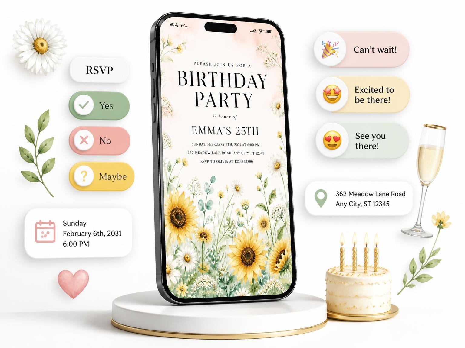The Sunflowers Mint 25th Birthday Invitation invitation on a phone, with guest RSVPs arriving around it